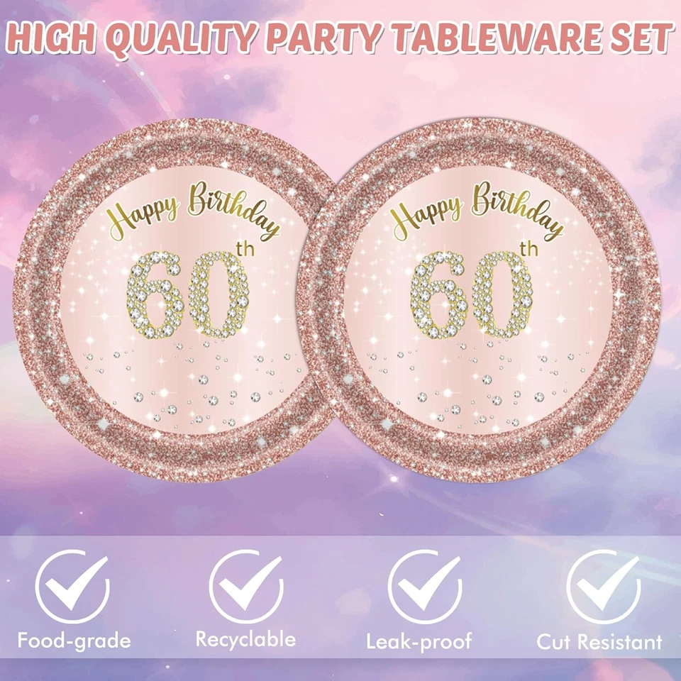 40 PCS 60Th Birthday Decorations for Women 60Th Birthday Plates and Napkins Rose - Image 4 of 4