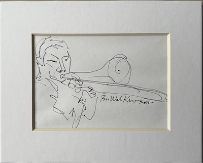 Trombone brass player cafe art live music ink sketch by living artist 5''x7''