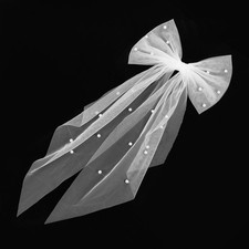 White Hair Bow Short Veil with Large Pearl Barrette for Bachelorette Party