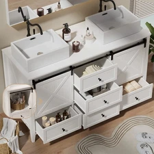 60" Farmhouse Bathroom Vanity Double Ceramic Sink 2 Sliding Barn Doors&5 Drawers