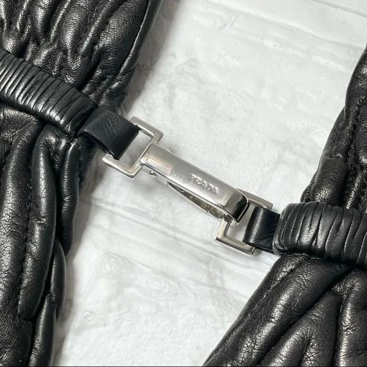 Prada Cashmere Sheepskin Leather Gloves Black Matalasse Design - Image 2 of 4