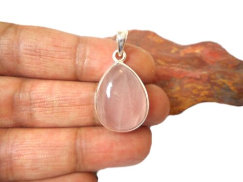 Teardrop Pink Rose Quartz Sterling Silver 925 Gemstone Pendant - Picture 3 of 6
