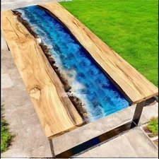 Blue Ocean Wave Epoxy Resin Dining Table Top Stunning Wood Farmhouse Furniture