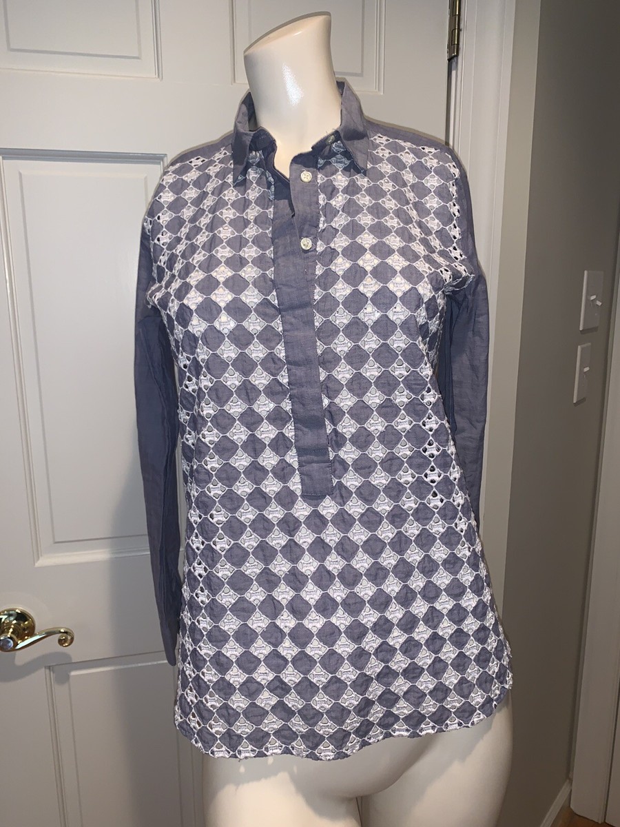 Ann Taylor LOFT Lace Eyelet Blue Chambray Popover The Softened