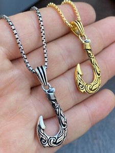 Authentic Solid 925 Sterling Silver Hawaiian Fishing Hook Large Mens Necklace Gold Plated