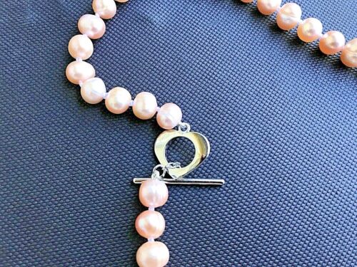 Pink Pearl Necklace Knotted Freshwater Cultured 18” W/SilverTone Heart Clasp NEW - Picture 2 of 12