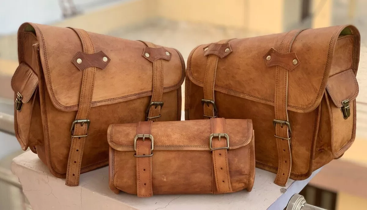 Real Brown Goat Leather Side Bag COMBO Motorcycle Saddle Bag Panniers Tool Pouch