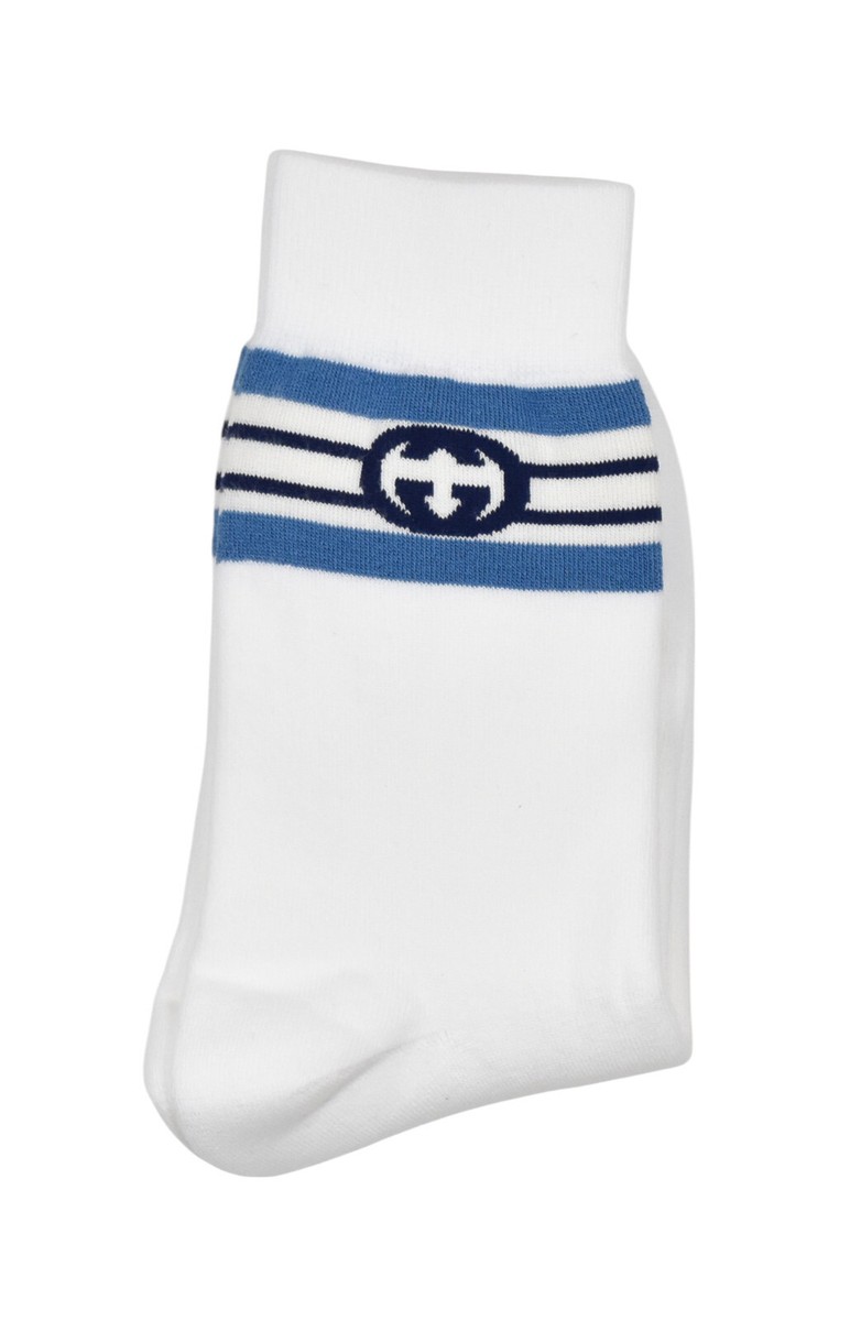 Authentic Men's Gucci White Blue Cotton Interlocking G Logo Socks