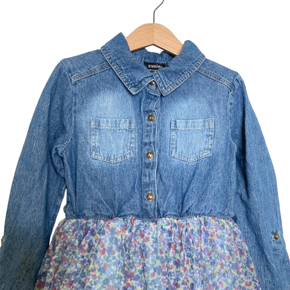 Vestido floral de tule para meninas Zunie, azul, blusa jeans, mangas roll up tamanho 8 - Imagem 3 de 4