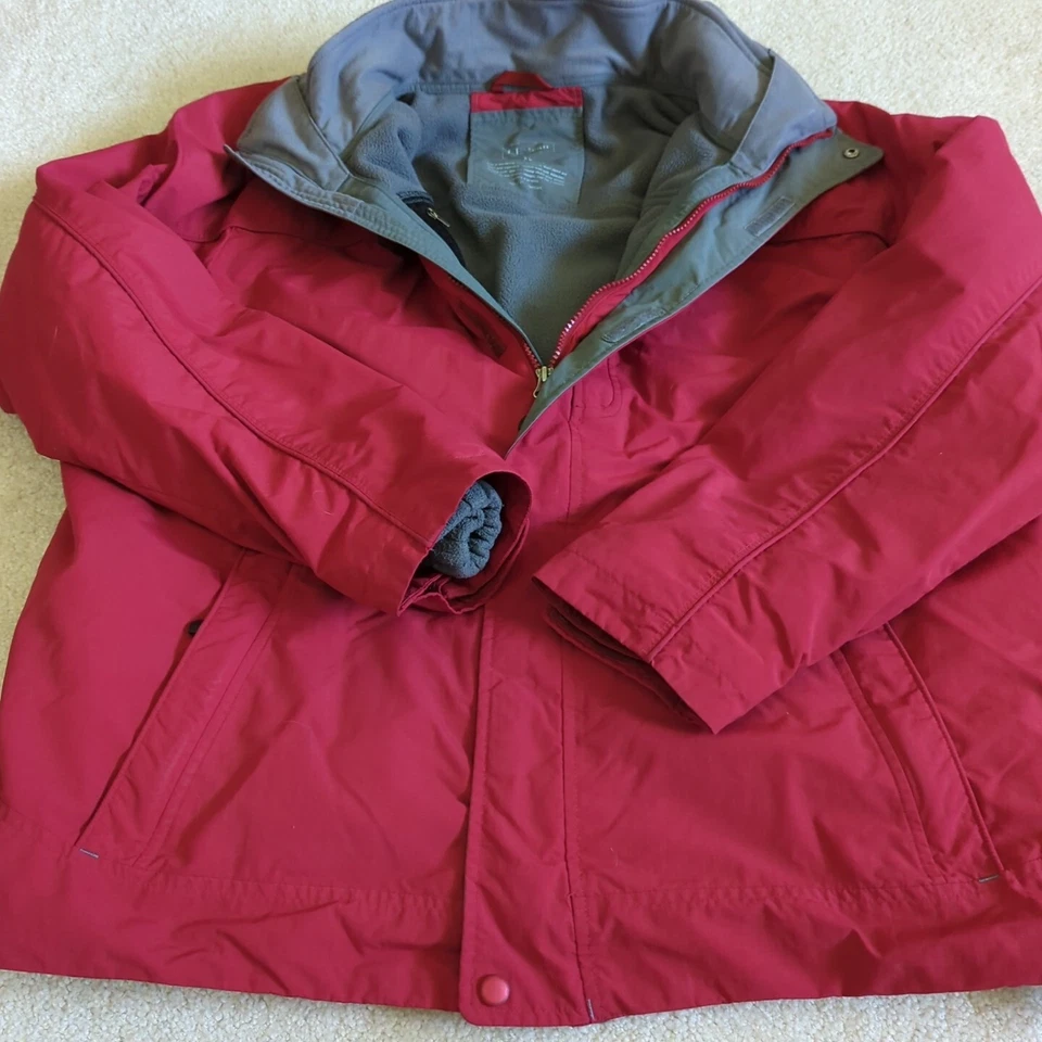 LL Bean Jacket Womens XL Red Gray Two In One Fleece Coat Hooded Outdoor Zip *