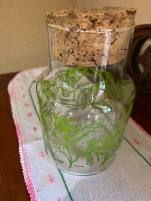 Vintage Glass Canister/Jar Cork Lid Green Herb Graphic 1970's