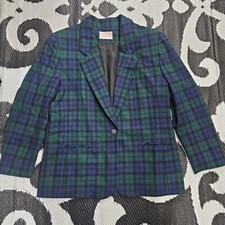 Pendleton Wool Blazer Jacket Plaid Blue Green Button Womens Petite 14 Academia
