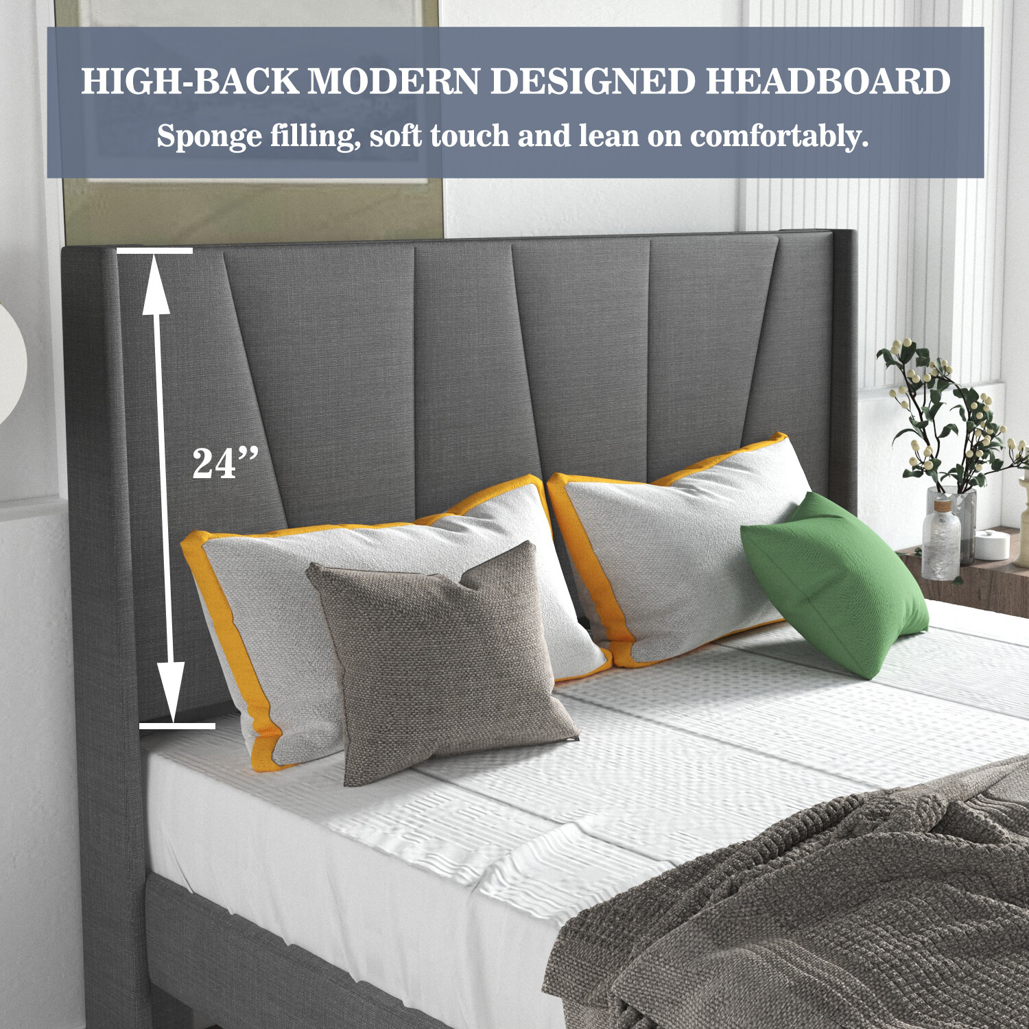 Sifurni Full Platform Bed Frame with Upholstered Geometric Wingback, Dark Grey