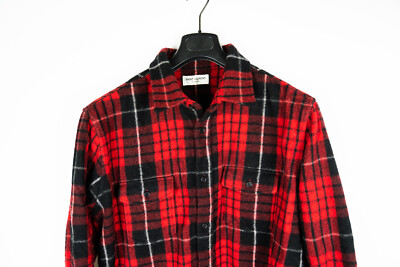 SAINT LAUENT PARIS Heavy Felt Wool Flannel Shirt Plaid Red Large