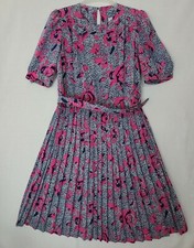 Vintage Lorac Original Lady Carol Blue/Pink Patterned Belted Pleated Dress ZX 