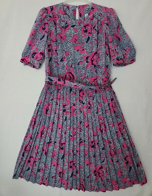 Vintage Lorac Original Lady Carol Blue/Pink Patterned Belted Pleated Dress (ZX)