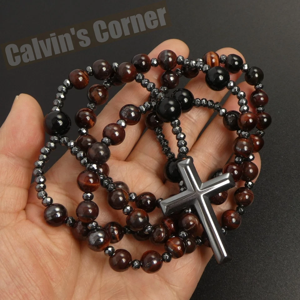 Red Tiger Eye Black Onyx 黑色 Hematite 十字念珠项链男式女式礼物 — 第 4/4 张图片