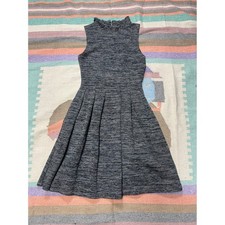 Ganni Textured Knit Fit Flare Dress Mock Neck Sleeveless Black Grey M
