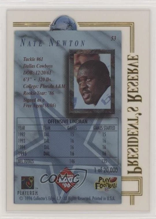 1996 Collector's Edge President's Reserve /20000 Nate Newton #53 - Image 2 of 2
