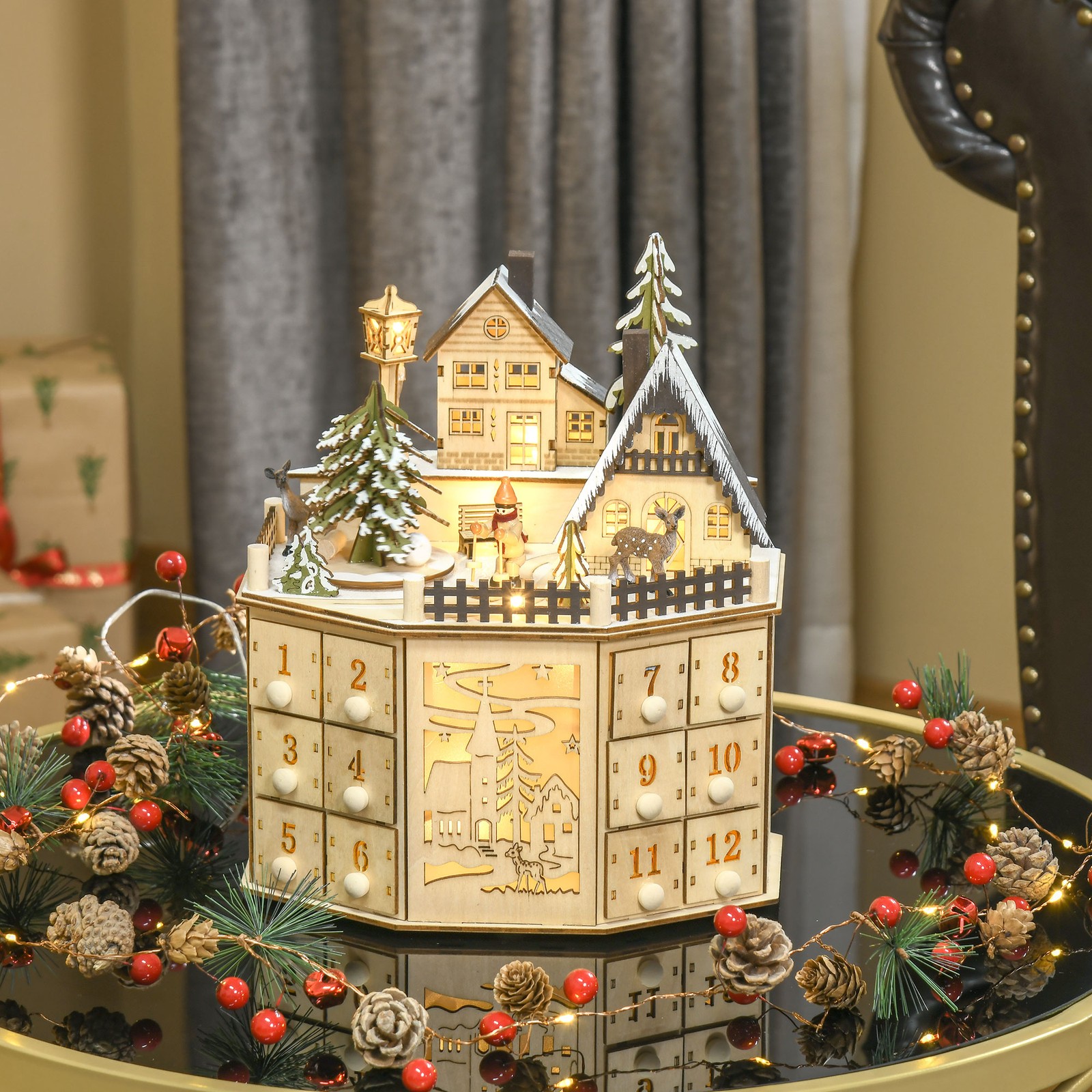HOMCOM Adventskalender Adventskalenderbox mit LED-Lichtern 24 Schubladen Natur