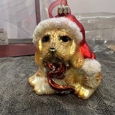 Golden retriever, puppy, dog glass, Christmas tree ornament, red Santa hat