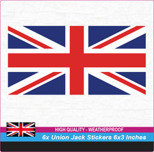 6 x Union Jack Vinyl Stickers, British Flag, Cars, Vans, Caravan, Laptops,