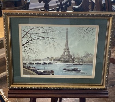 Vintage Georges B. Paris Scene Art Print Nicely Framed 20 X16  Eiffel Tower 