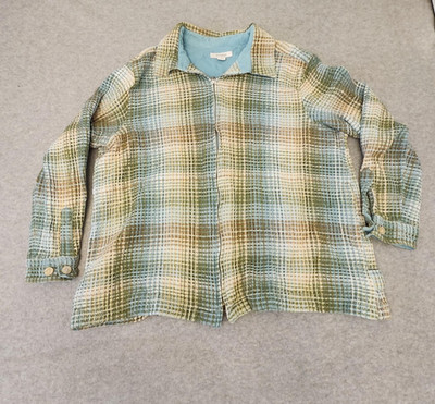 Dressbarn Jacket Womens 3X Green Blue Plaid Waffle Knit Zip Front Lurex Plus