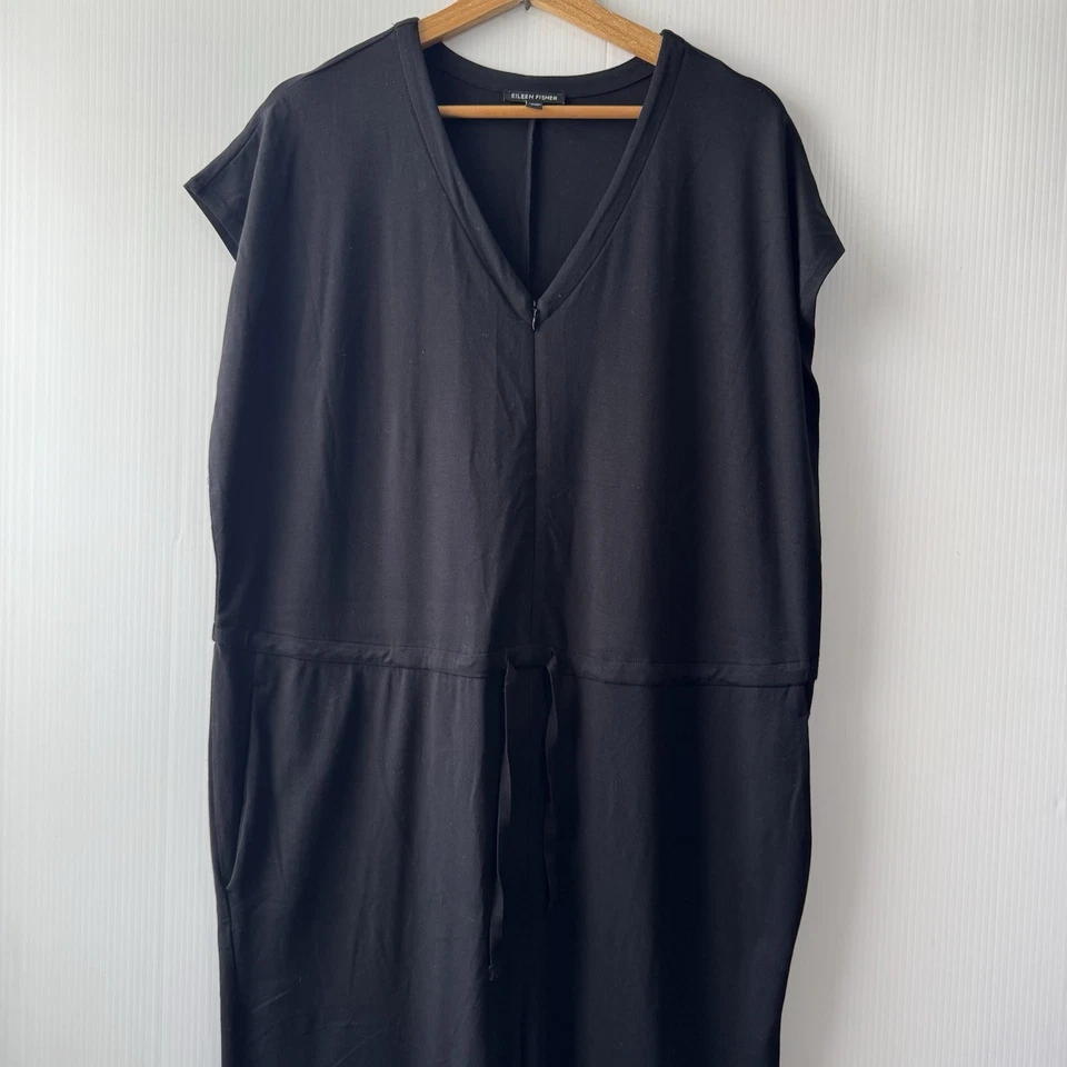 Mono para mujer Eileen Fisher cuello en V pierna ancha tobillo liso negro M elástico Foto 4 de 4