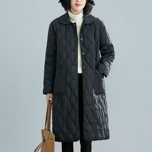 Women Long Puffer Coat Quilted Diamond Button Down Jacket Overcoat Pockets - Picture 2 of 9