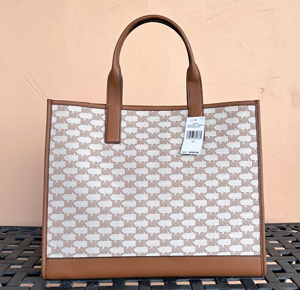 Michael Kors Silver/Beige Canvas And Patent Leather Tote For Sale