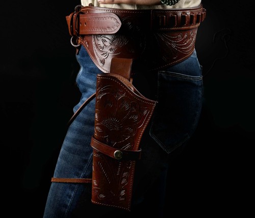 NEW 44/45 Cal Tooled Holster Gun Belt Drop Loop LEATHER Western RIG SASS Cowboy - Picture 28 of 44