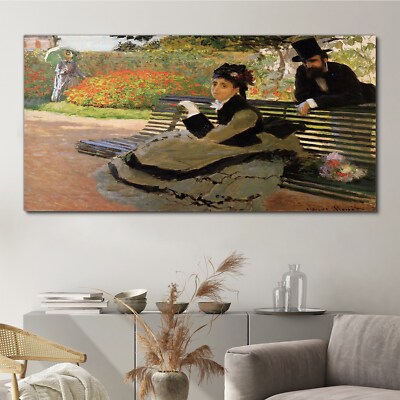 Camille Monet auf einer Gartenbank 140x70 Canvas Wandbild Leinwand Bilder