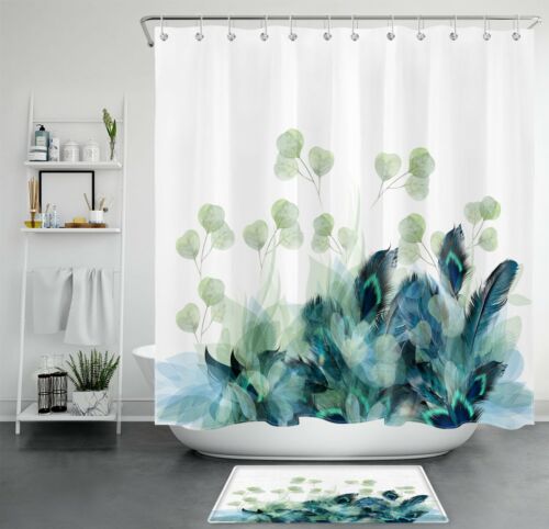 Green Eucalyptus Leaves Shower Curtain Peacock Feather Bathroom Accessories Set - Picture 1 of 15