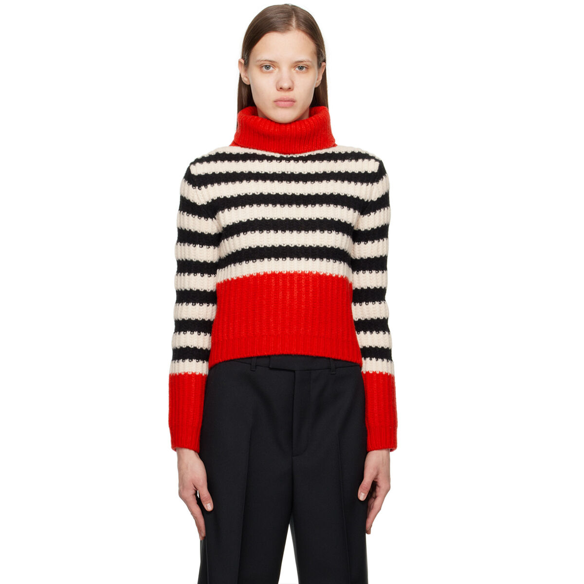 GUCCI SWEATER STRIPED TURTLENECK RED WHITE BLACK WOOL w G GUCCI SWEATER STRIPED TURTLENECK RED WHITE BLACK WOOL w G