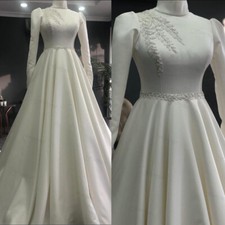 Ivory Muslim Satin Wedding Dress Long Sleeve High Neck Beaded A Line Bridal Gown