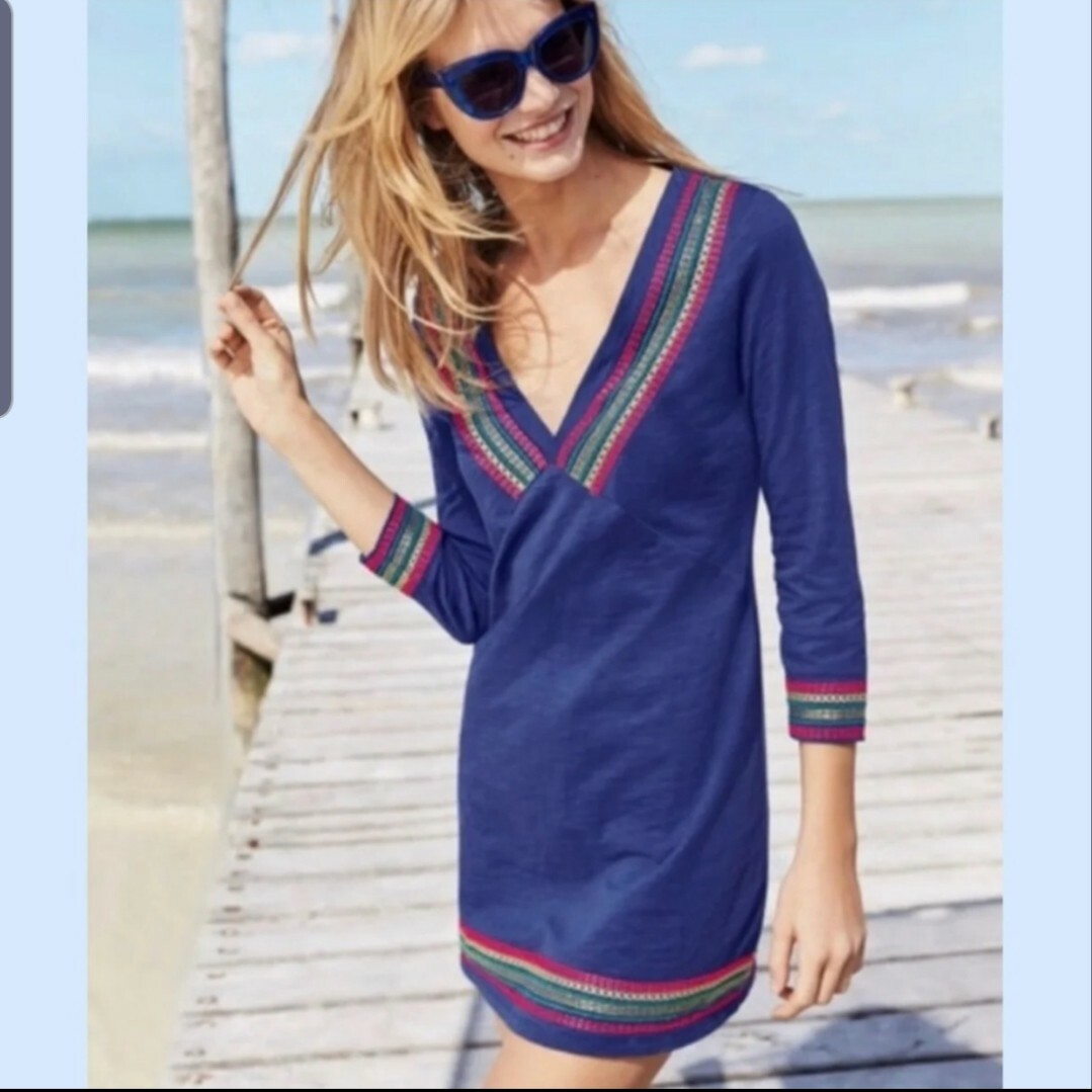 rosanna jersey midi tea dress Boden blue embroidered Tunic sz 6 1629