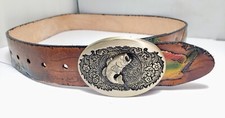 Diane Bell Leather Belt ADM Brass Buckle Tooled Color Detail fish fishing 33 "