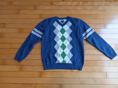 Tommy Hilfiger Boys Royal Blue Gray Green White Argyle Sweater Size Large 16 18