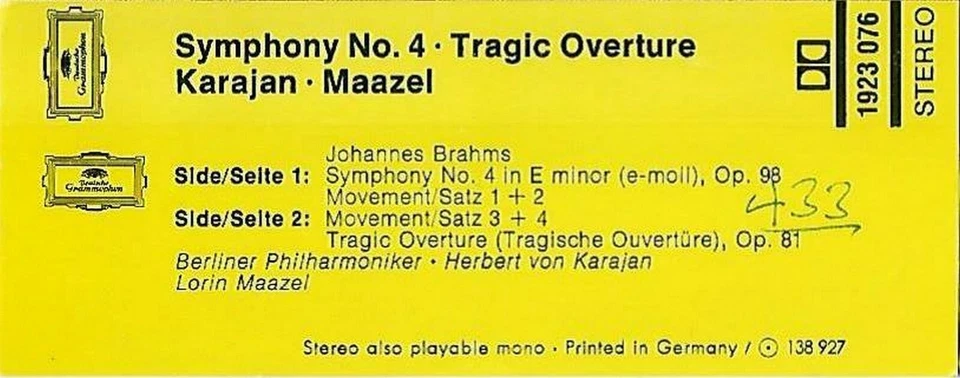 Karajan Maazel Brahms Symphony No. 4 Tragic Overture CASSETTE ALBUM DG  - Image 4 of 4