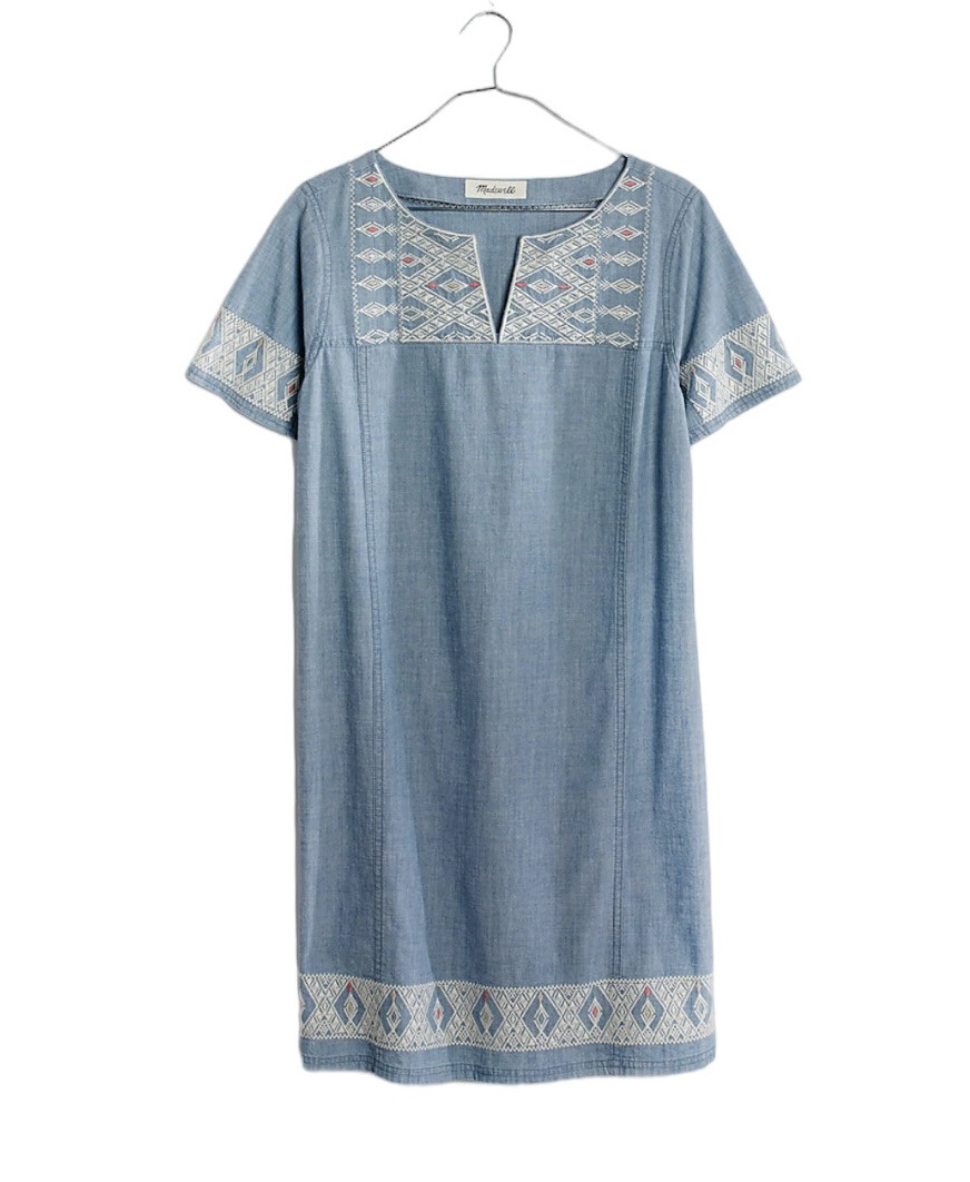 Madewell Embroidered Chambray Tunic Above Knee Blue White Oversized Dress XS