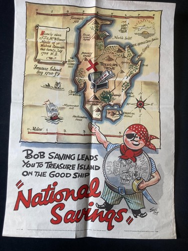 Vintage 1946 Pirate & Treasure Map Illustrated National Savings Poster L2