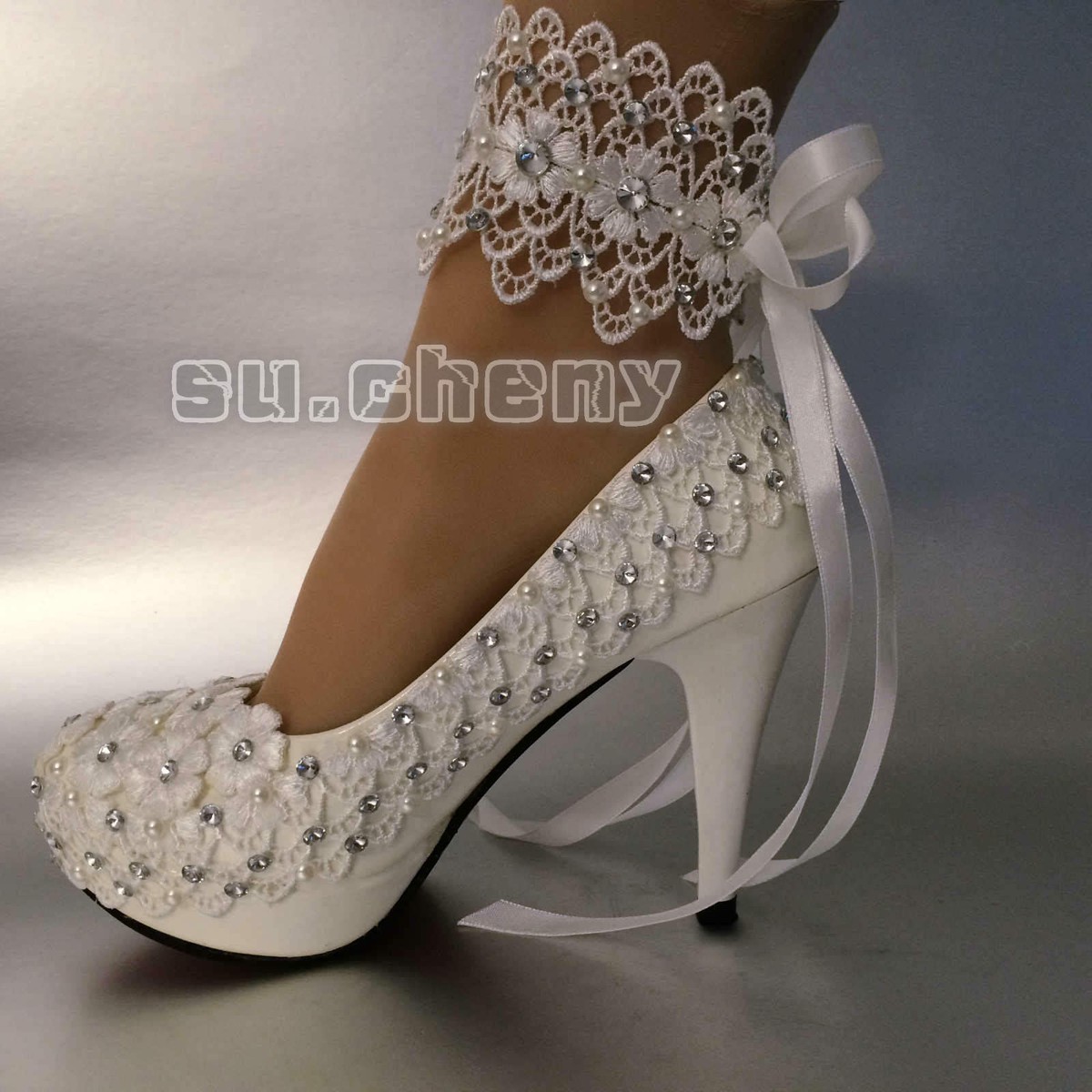 Lace white ivory Wedding shoes Bridal flats low high heel
