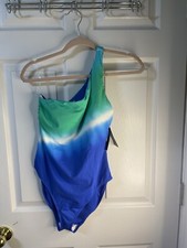 Lauren Ralph Lauren Cabana Ombre One-Shoulder One Piece Swimsuit Size 12 NEW