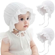 BQUBO Baby Bonnet Lace Cotton Baptism Bonnet for Baby Girls 2 Pcs: White