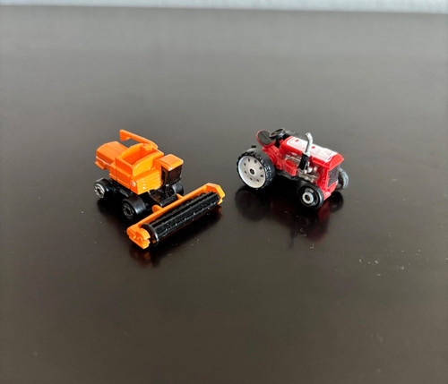 Lot of 2 Vintage Micro Machines - Farm - Red Classic Tractor, Orange Harvester
