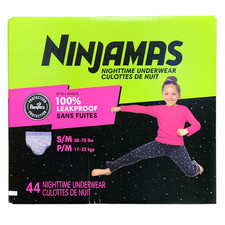 Ninjamas Leakproof Nighttime Underwear for Girls, S/M 38-70lbs , 44 ct
