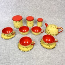 Set of 12 Vintage 1950s Wolverine Tin Toy Tea Set Yellow Red with Gold Stars