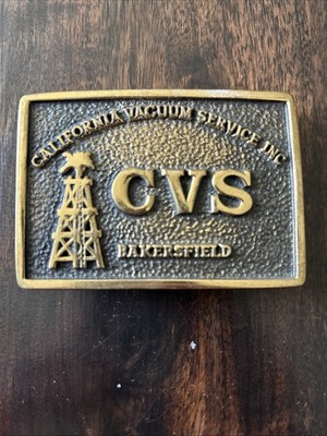 VINTAGE CVS CALIFORNIA VACUUM SERVICE INC BRASS BELT BUCKLE OIL/GAS VTG. 1970'S