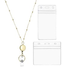 Round Badge Necklace Lanyard with 1 Set ID Holder, Gold Tone